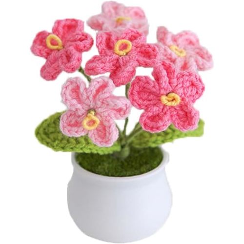 Blync Knitting Crochet Flowers Potted Plants, Fake Forget Me Not Flowers for Friends, Family and Lover, Artificial Handmade Flowers for Valentines Birthday Wedding Gift and Home Decor (Gpink)