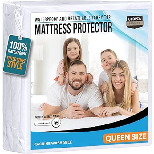Utopia Bedding Waterproof Mattress Protector Queen Size, Premium 200 GSM Terry Mattress Cover, Soft & Breathable Bed Cover, Fitted Sheet Style with Stretchable Deep Pockets 17" (White)