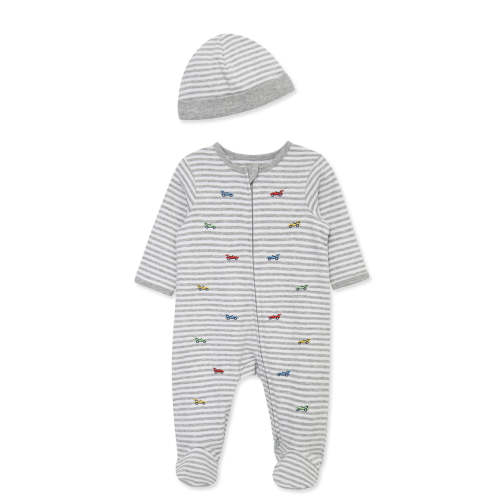 Race Cars 2-Way-Zip Footed One-Piece and Hat