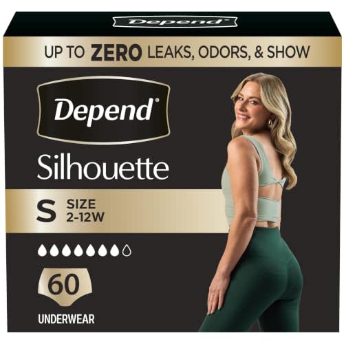 Depend Silhouette Adult Diapers, Incontinence & Postpartum Bladder Leak Underwear for Women, Maximum Absorbency, Small, Black, 60 Count (2 Packs of 30), Packaging May Vary