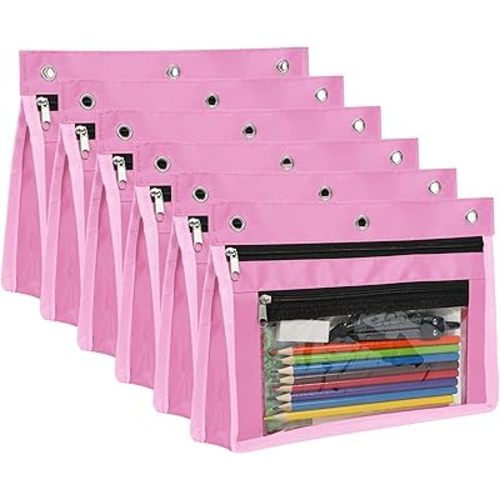 YoeeJob 6 Pack 1 Inch Expandable Zipper Pencil Pouches with Clear Window for 3 Ring Binder, Suitable for School & Office（Pink）