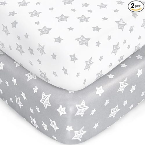 Crib Sheets for Boys or Girls 2 Pack, Fitted Crib Sheet for Standard Size Crib and Toddler Mattresses, Soft and Breathable Material, Grey & White