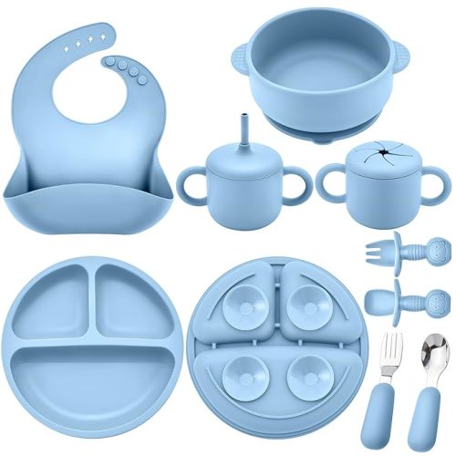 Silicone Baby Feeding Set, Baby Led Weaning Supplies, Eating Essentials Utensils with Suction Plate and Bowl, Pocket Bib, Sippy Cup with Lid, Forks Spoons Snack Container, for 6+ Months, Blue