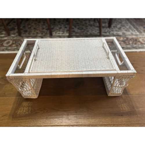 Vintage 1970's White Wicker Breakfast In Bed Tray w/Removable Tray Serving Lap