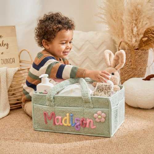 Crochet Plush Baby Organizer Bag with Custom Name – Large Diaper Caddy, Sibling Baby Gift, Soft Nursery Storage Tote with Cute Crochet Icons