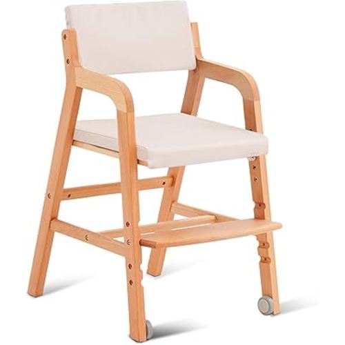 Swegrow Wooden High Chair with 2 Wheels, Adjustable Seat - Backrest - Footrest Heights, Wooden High Chair for Toddlers - Kids and Baby, Kids Dining Chair with Removable Cushion(Beige)