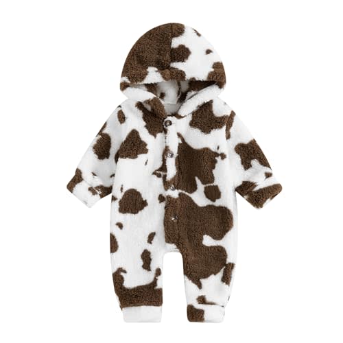 XRTBMN Newborn Boys Girls Fleece Western Jumpsuit Long Sleeve Button Zebra Cow Print Hooded Romper Infant Baby Winter Clothes