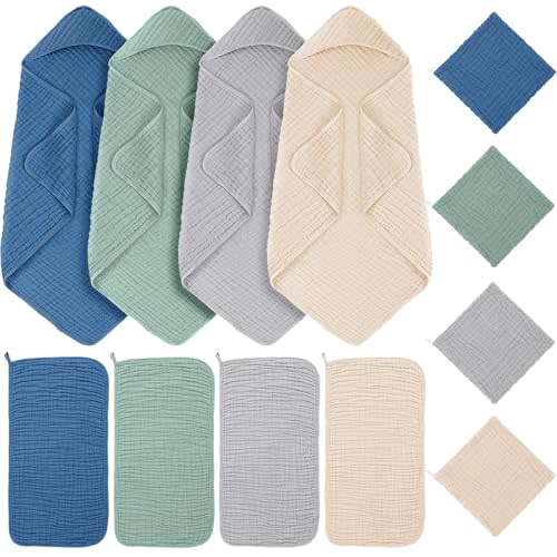12 Pcs Muslin Hooded Baby Bath Towel, Hand Towels and Washcloth Set, 36"x 36" Cotton Newborn Bath Towel Cotton Absorbent Blanket Unisex Newborn Gift Essentials for Girl Boy (Blue Series)