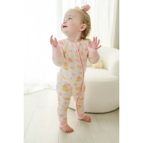 Convertible Zip Romper in Bubble Duckies Pink | Caden Lane