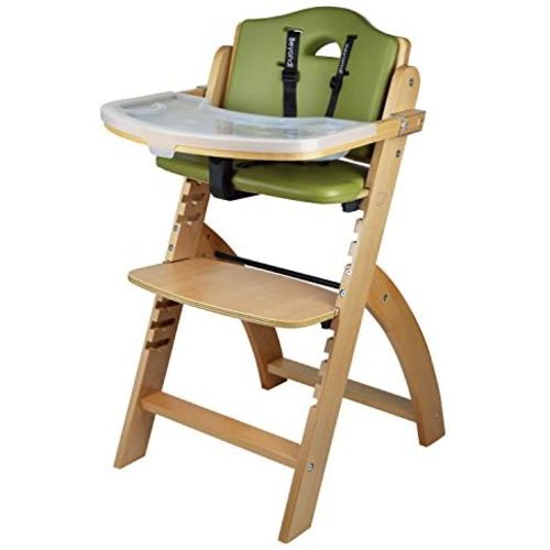 Abiie Beyond Wooden High Chair with Tray. The Perfect Adjustable Baby Highchair Solution for Your Babies and Toddlers or as a Dining Chair. (6 Months up to 250 Lb) (Natural Wood - Olive Cushion)
