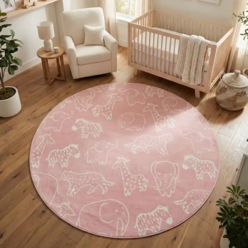 Pink 7' 10 x 7' 10 Animals Whimsy Kids Round Rug | Rugs.com