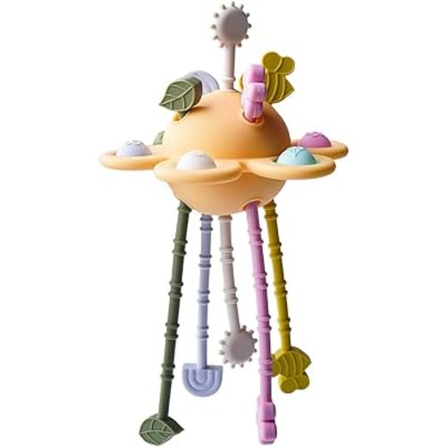 Food Grade Silicone Pull String Baby Toy, Montessori Pull String Sensory Toy for 18 Months Babies Teething Toys,Toddler Fidget Toys Birthday Gift for Infant/Toddler(Yellow)