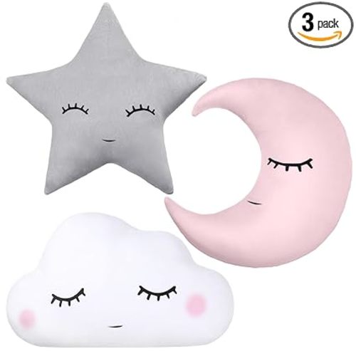 3 Pcs Moon Star Cloud Plush Pillows Soft Stuffed Nursery Decor Cushions for Bedroom Home Decor(Pink Gray White)