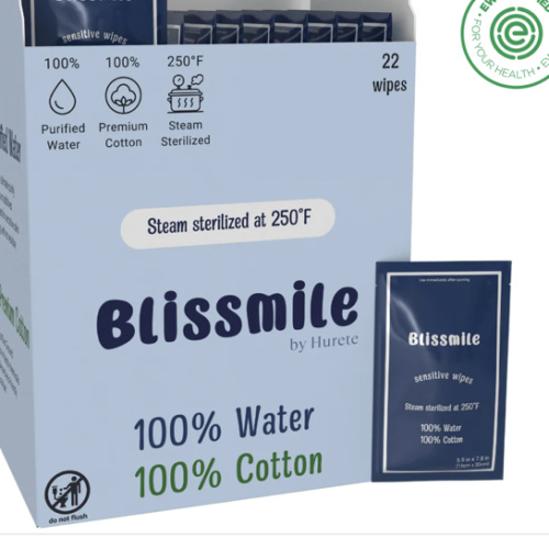 Blissmile Sensitive Wipes - 100% Water & Cotton - Unscented - Travel Size & Individually Wrapped