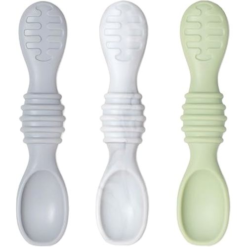 Bumkins Baby Utensil Set, Silicone Trainer Spoons for Dipping, Soft Tip, Self-Feeding, Chew, Baby Led Weaning, First Year Training Supplies, Essentials in Learning Eating, 4 Mos, 3-pk Gray and Green