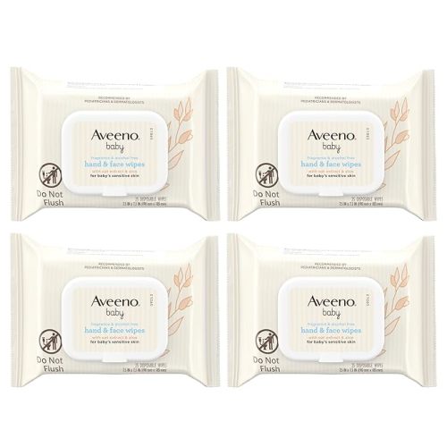 Aveeno Baby Fragrance-Free Hand & Face Wipes with Oat Extract & Aloe, Cleansing & Moisturizing Baby Wipes for Sensitive Skin, Sulfate-, Alcohol-, Paraben- & Dye-Free, Hypoallergenic, 25 ct (Pack of 4)