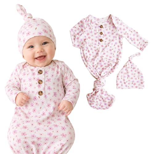Caden Lane Newborn Knotted Gown with Hat, Soft Bamboo Viscose Baby Sack, Unisex Infant Breathable Night gown