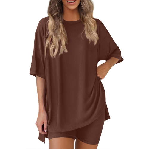 Bovxnpu Summer Casual Outfits For Women, 2 Piece Lounge Sets, Women's Summer Solid Color Round Neck Five Quarter Sleeved Top+shorts Pants Two-piece Set S