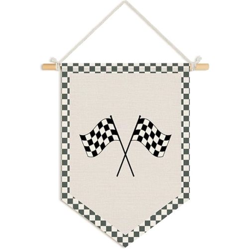 Wheatwin Race Car Room Decor for Boys, Checkered Nursery Playroom Decor, Car Themed Toom Decor, Racing Wall Hanging Pennant Flag Banner Prints 15x11