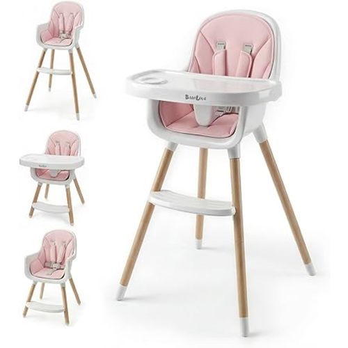 Baby High Chair, Wooden Highchair with Removable Tray, Adjustable Legs, Cushion, 5-Point Harness and Footrest for Infants, Baby, Toddlers, Pink