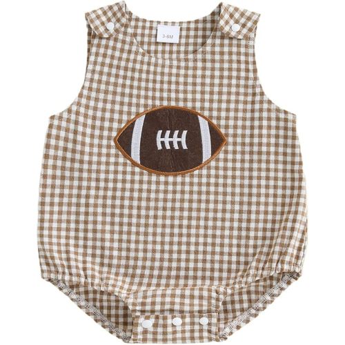 Toddler Baby Boy Football Romper Rugby Embroidery Sleeveless Bubble Bodysuit Gingham One-Piece Sport Clothes