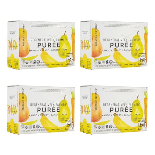 White Leaf Provisions Organic Purees / Baby Food Pouches - Fruits, Veggies & Grains, Toddler snack, Regeneratively Farmed, No Added Sugar, Non-GMO, BPA-Free Pouches 3.17 oz (Pack of 24, Mango + Carrot + Banana + Pear)