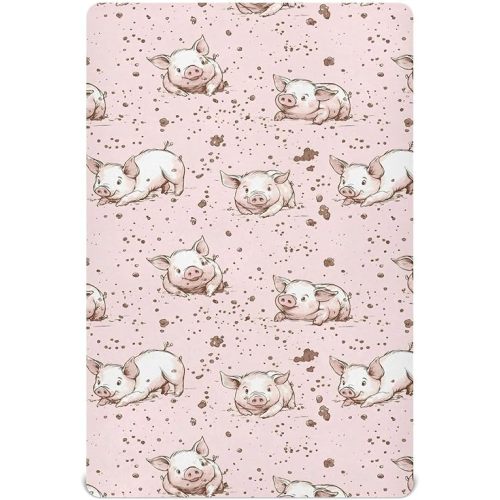 Cartoon Pigs Roll in Mud Crib Sheets for Boys Girls,Neutral Fitted Crib Sheets for Toddler Mattresses,Baby Nursery Sheet for Cribs,Soft and Breathable 39 * 27 * 5In