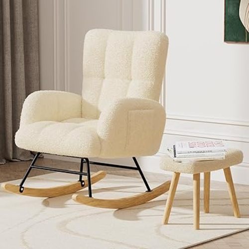 LUCKLIFE Rocking Chair Nursery with Ottoman,Teddy Upholstered Glider Rocker