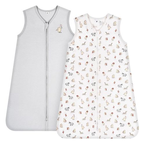 TILLYOU 2 Pack Infant Sleep Sack 0-6 Months 100% Cotton Wearable Blanket 0.5 TOG Sleeveless Summer Sleep Sacks with 2-Way Zipper, Bear Forest & Grey