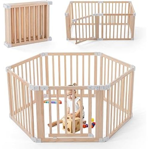 Foldable Wooden Playpen, Large Baby Play Yard with Locking Gate for Babies and Toddler 1-3 Year, Portable Playpen for Activity Center Indoor Outdoor(Wood, 6 Panel)