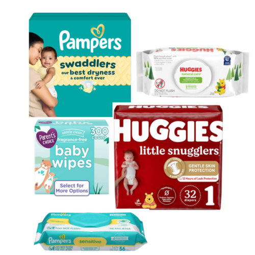 Pampers or Huggies - sizes 1,2,3,4 + Wipes unscented