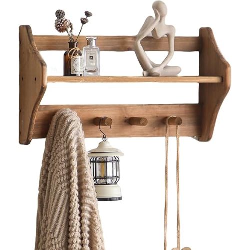 100% Solid Wood Wall Hooks with Shelf, Rustic Coat Rack with Shelf Wall-Mounted, Farmhouse Decor Shelves with 4 Hooks for Clothes Hats Towel Purse Robes, Bathroom Mudroom Bedroom, Entryway