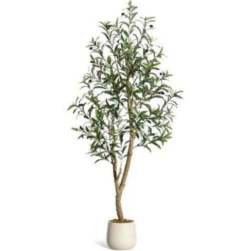 Artificial Olive Tree, 5/6/7FT Tall Faux Plant with White Pot & Natural Trunk, Indoor Decorative Tree with Lifelike Fruits for Home & Office
