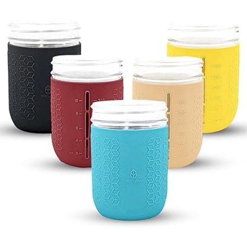 Silicone Mason Jar Sleeves Autumn Winter Set | Anti-Slip Protectors for Wide Mouth 16oz Jelly Canning Jars | Cup Holders with Measurement Markings | Dishwasher Safe Jar Jackets - 5 Pack
