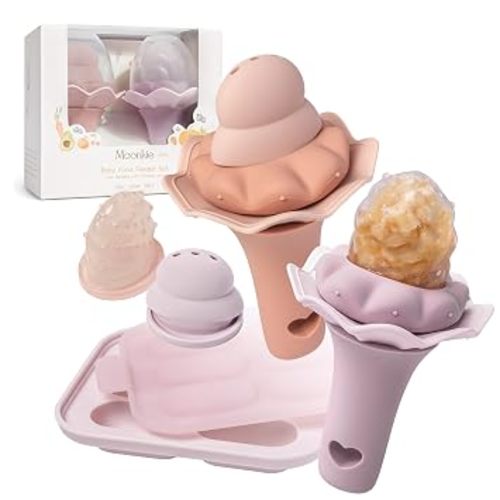 Moonkie Baby Fruit Feeder for Self-Feeding: Controlled Flow Design for Safe First Foods - BPA Free Silicone Food Feeder with Freezer Tray for Cooling Comfort - Baby Shower Gifts 4M+ - 2 Pack