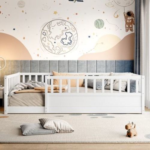 GDFStudio Rowan Pine Wood Floor Bed with Super High Security Barrier, White, Twin