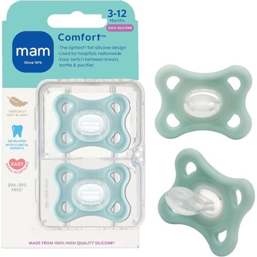 MAM Comfort Baby Pacifiers, Lightweight One-Piece Full Silicone Binky for Newborns 3-12 Months, BPA-Free, Easy to Clean Pacifier, Best for Breastfed Babies, with Sterilizer Case, 2 Count Binkies