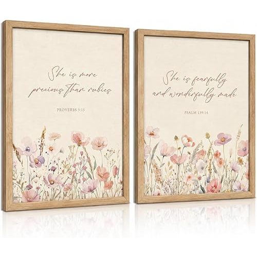 2pcs Framed Christian Floral Nursery Wall Art Bible Christ Flower Botanical Painting Picture Wall Decor Boho Girl Nurseries Poster Print Artwork for Baby Room Living Room Bedroom Home Decoration(Wood Color Framed Bible, 16L" x 12W")