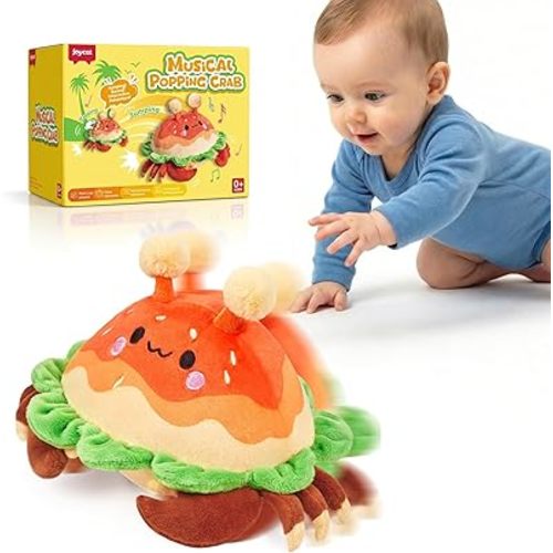JoyCat Baby Toys 0-18 Months, Musical Crawling Crab Plush Toy - 38 Songs & Recording Feature, Bouncing Tummy Time Toy, Sensory Toys with Crinkle & Textures for Newborn Boys Girl Shower Gifts