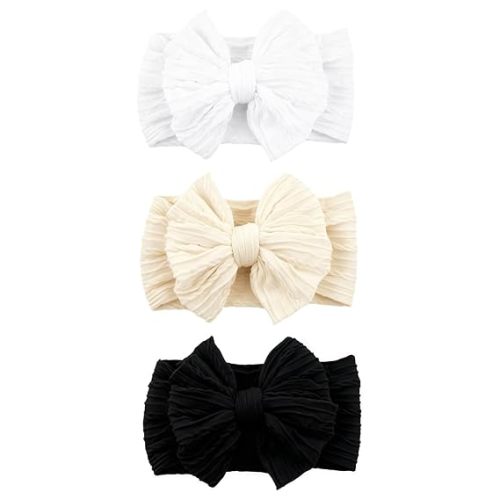 3 Pcs Baby Bows Headbands Soft Nylon Hairbands Super Elastic Headband Hair Accessories For Baby Girls Infant Toddler Essentials (Black Beige White, Mid)