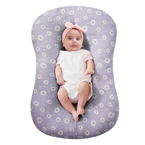FUNUPUP Muslin Baby Lounger Cover Only, Purple Daisy | 100% Muslin Cotton Soft Breathable Easy On/Off Envelope Closure Machine Washable Easy-Clean Protector Neutral Colors