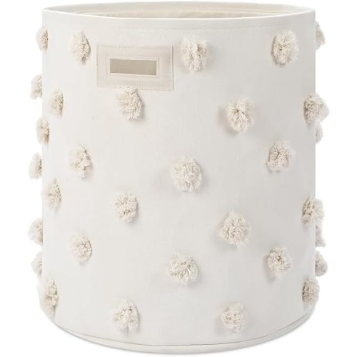 Sunnymove Beige 17.5" D x 20.8" H Pom Pom Basket Bin Large Cotton Canvas Laundry Hamper Baby Girl Laundry Basket Storage, Baby Nursery Hamper for Nursery Playroom Home Room Organizer Decor