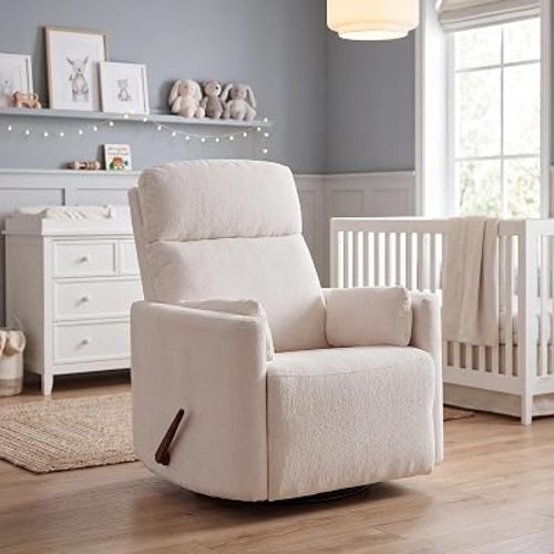 Oversized Swivel Rocker Recliner Chair with Heat and Massage, Rocking Chair with Adjustable Headrest, Manual Recliner, Glider Recliner with 2 Pillows, Chenille White