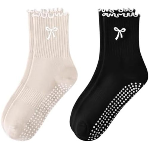 Pilates Yoga Grip Socks for Women, Bow-Patterned Ruffled Crew Socks Ideal for Fitness, Ballet Bar Work&Dance