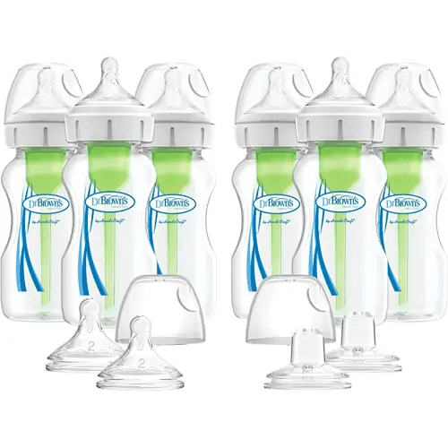 Dr. Brown's Natural Flow Anti-Colic Options+ Wide-Neck Baby Bottles, 9 oz/270 mL, with Level 1 Slow Flow Nipple, 6 Pack with 2 Bonus Level 2 Nipples & 2 Sippy Spouts