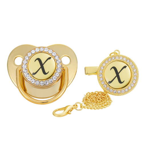 Fridja Bling Personalized Gold Baby Pacifier with Pacifier Clips A-Z 26 Letters Baby Shower Gift