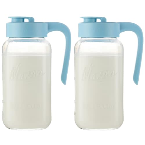 Mason Jar Pitcher - Airtight & Leakproof Glass Pitcher with Lid, Perfect for Breastmilk, Cold Brew, and Sun Tea, 2 Quart (64 oz) Mason Jar with Pour Spout Lid