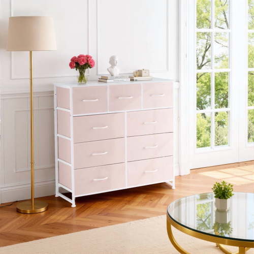 Bigleap 9 Drawers Dresser for Bedroom, Fabric Dresser with Sturdy Steel Frame, Wooden Top & Easy Pull Fabric Bins,Pink