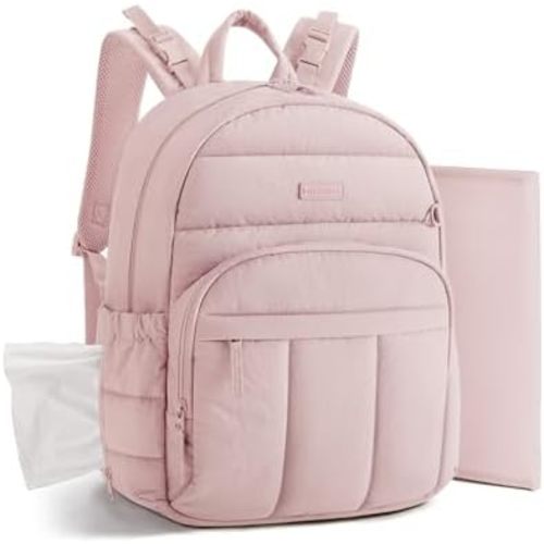 BAGSMART Diaper Bag Backpack, Multi-Pocket Puffy Diaper Bag with Waterproof Changing Pad, Lightweight Stroller-Friendly Diaper Bag with Insulated Pockets, Easy-Access Baby Essential, Pink