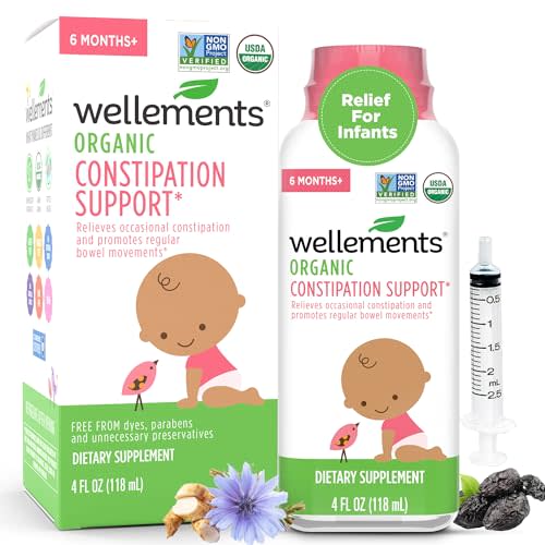 Wellements Organic Constipation Support for 6 Month+ Babies & Toddlers (4 Fl Oz) | USDA Certified & Gentle Constipation Relief* for Infants with No Harsh Laxatives with Dispenser